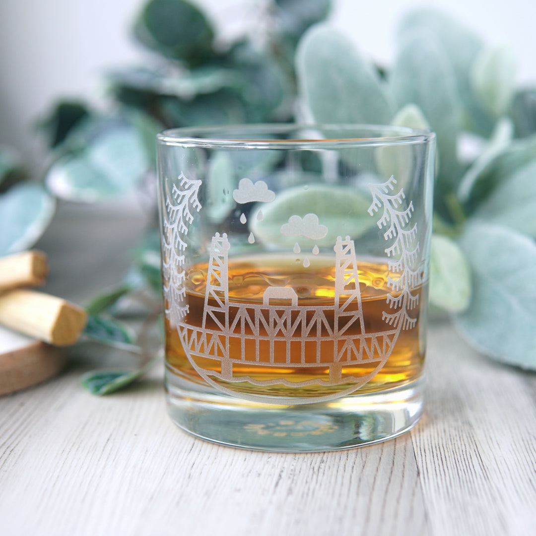 Portland Bridges Lowball Glass - etched cocktail glassware