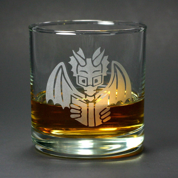 Book Dragon reading lowball glass for scotch whiskey