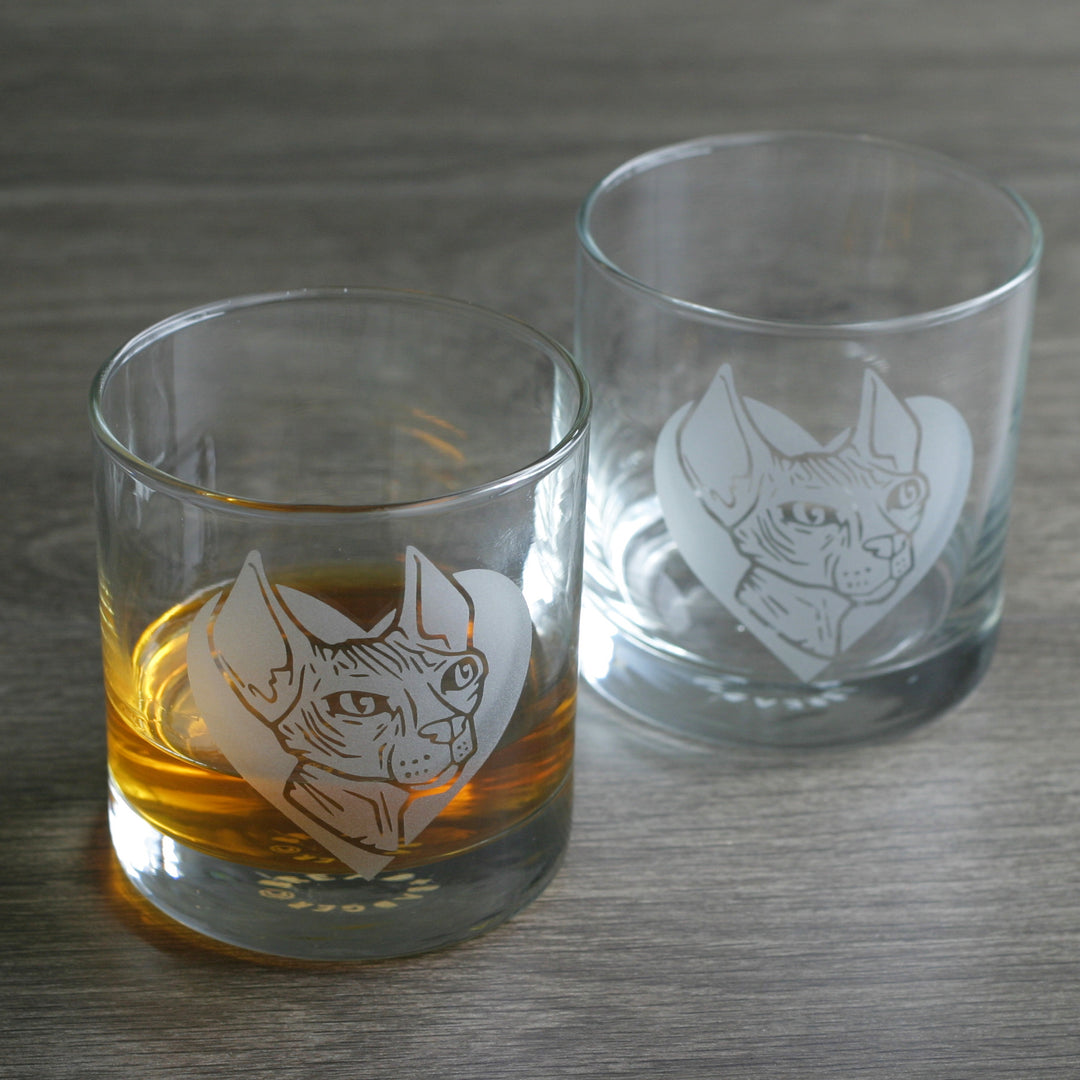 Hairless Cat etched lowball glasses by Bread and Badger