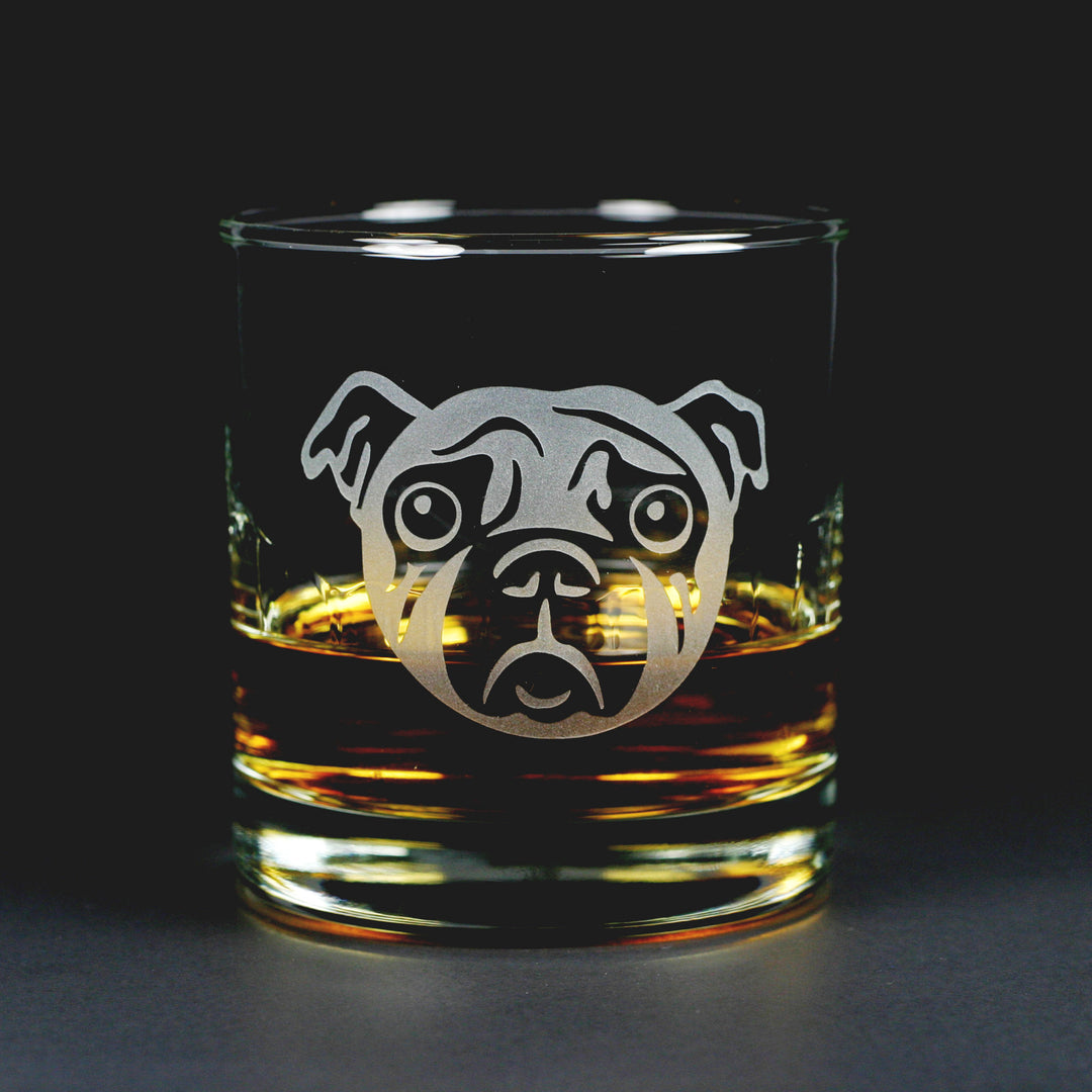 Sad Pug Dog etched lowball glass