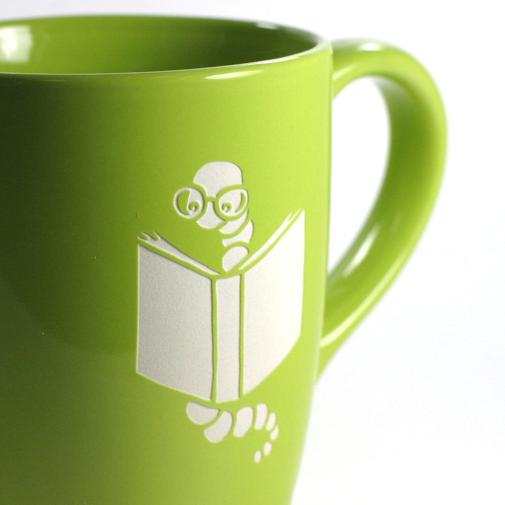 Book worm mug sandblasting detail by Bread and Badger