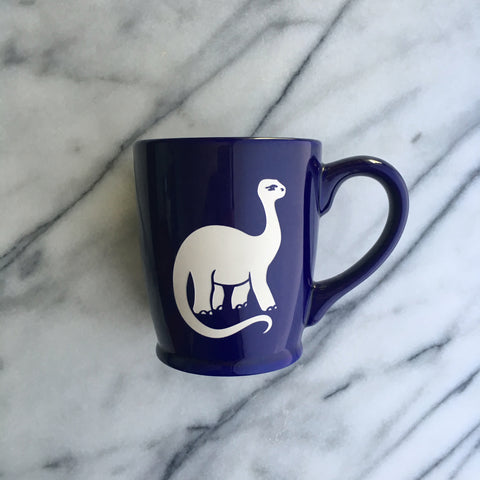 brontosaurus dinosaur mug, navy blue