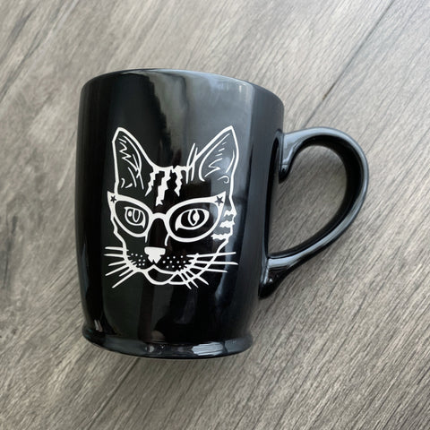Glasses Cat engraved black mug by Bread and Badger