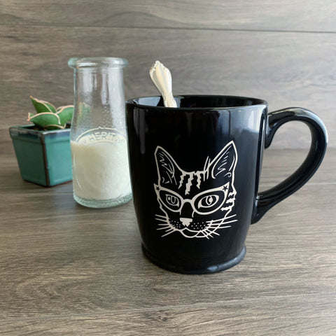 Glasses Cat black mug by Bread and Badger