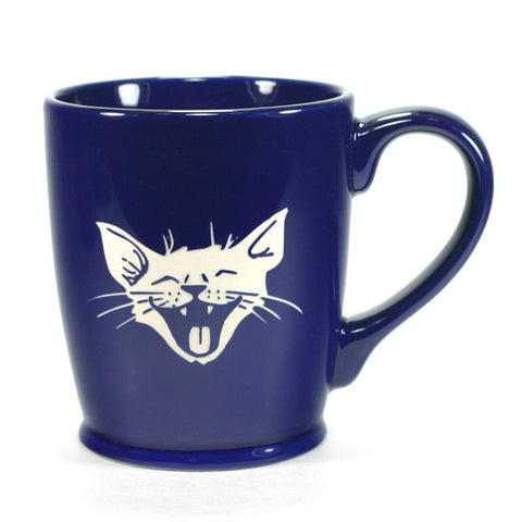 silly happy laughing cat coffee mug, navy blue