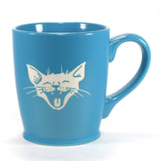 happy smiling cat coffee mug, sky blue