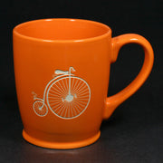 antique bicycle coffee mug, orange