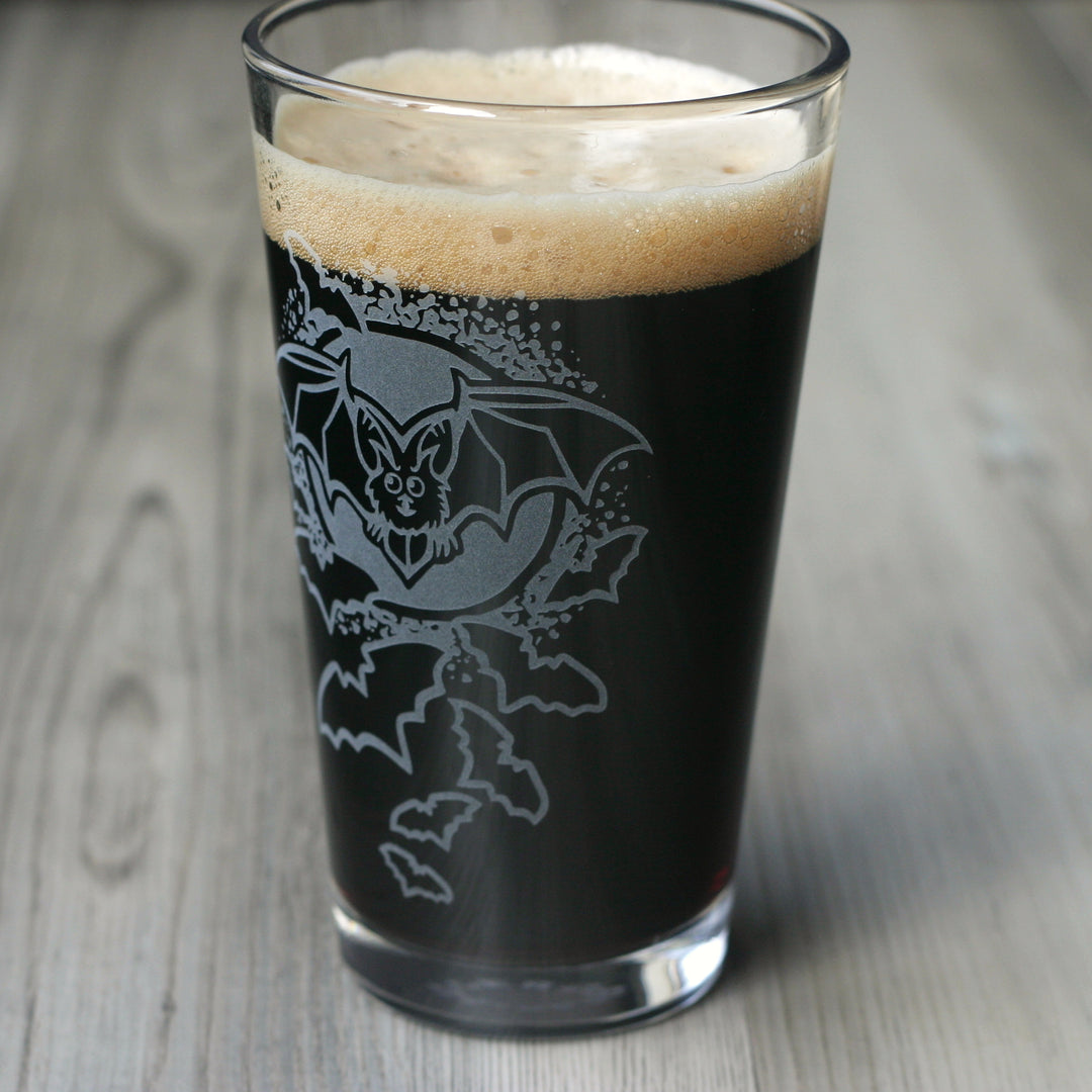 Bat Pint Glass - etched Halloween glassware