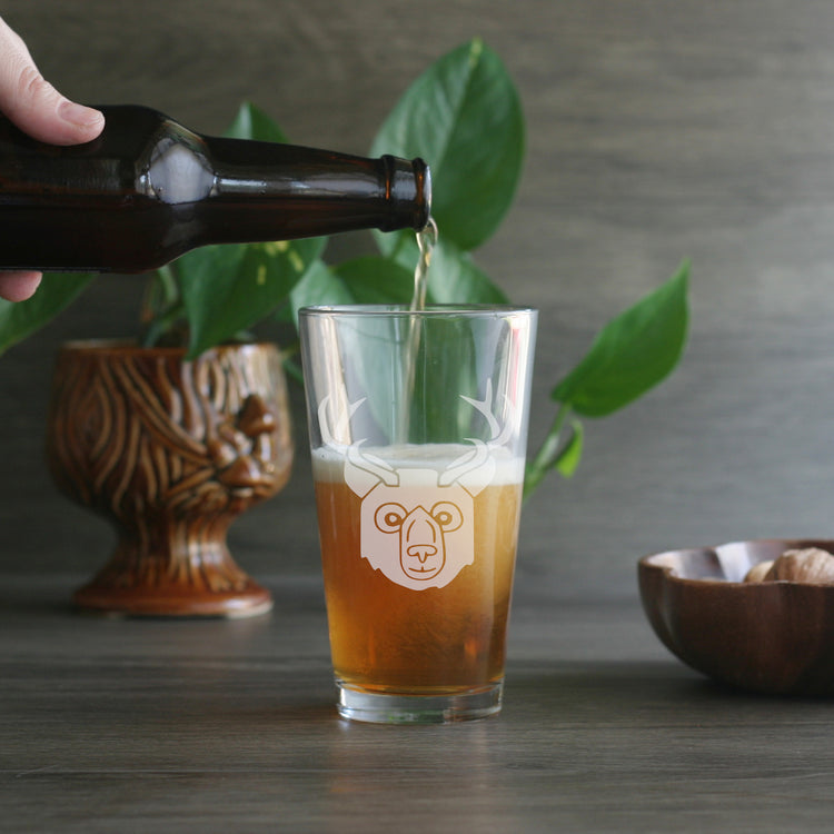 BEER Bear with Antlers Etched Pint Glass