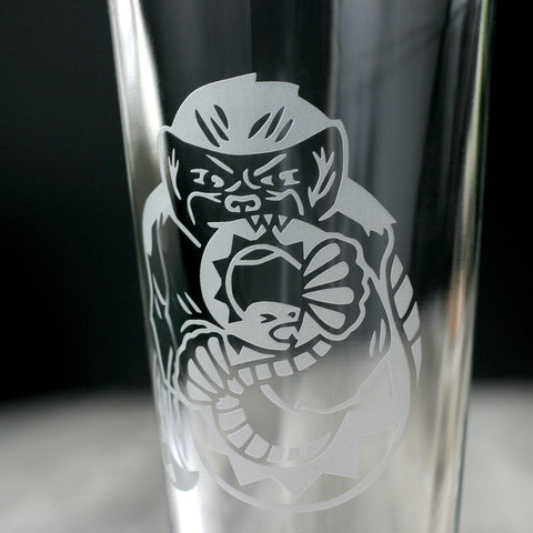 honey badger etched pint glass by Bread and Badger