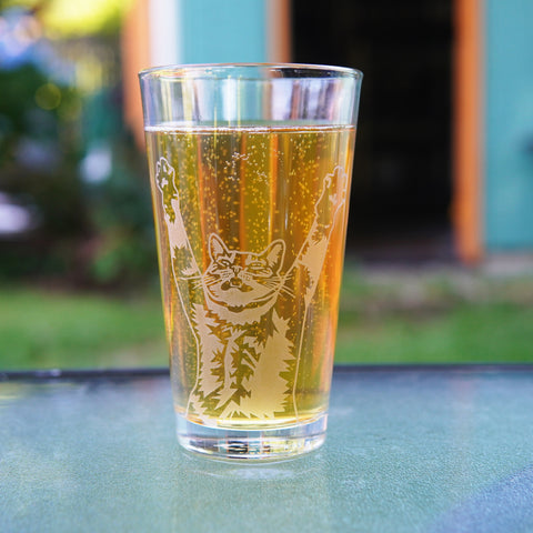 Stretching Cat etched pint glass for celebrations, or yoga lovers