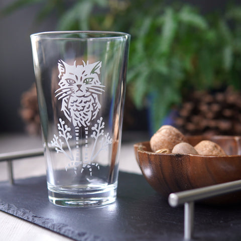 Owl Cat Pint Glass - etched glassware