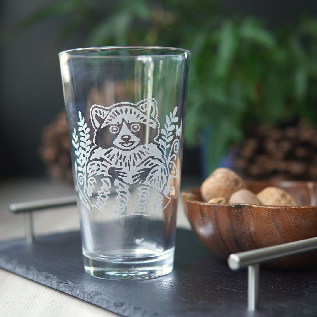 Raccoon Pint Glass - etched glassware