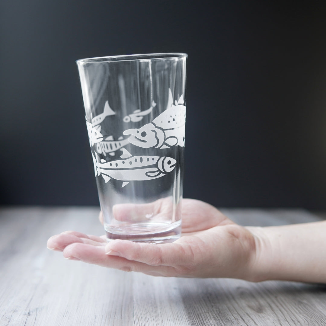 Salmon Pint Glass - etched fish glassware