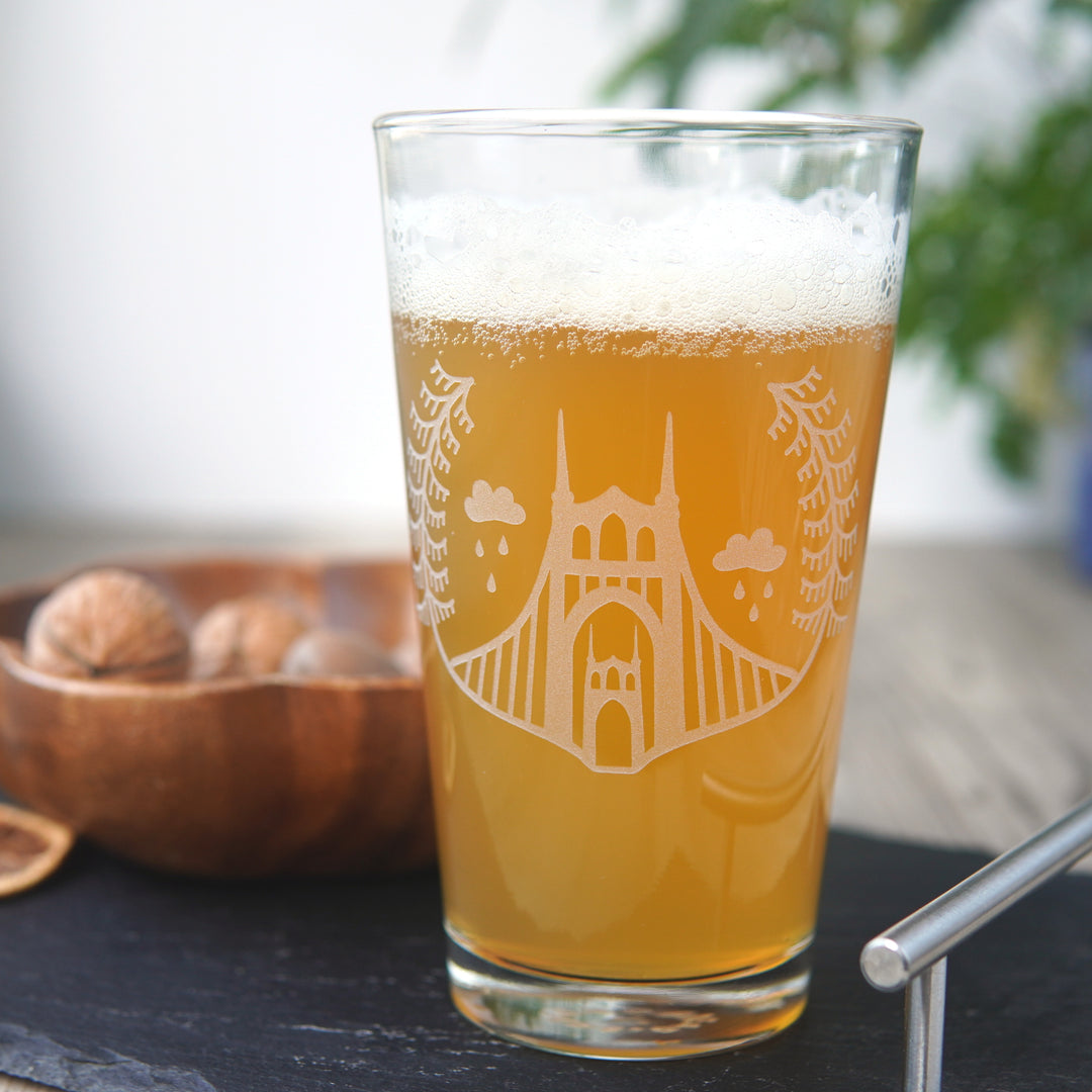 Portland Bridges Pint Glass - etched glassware