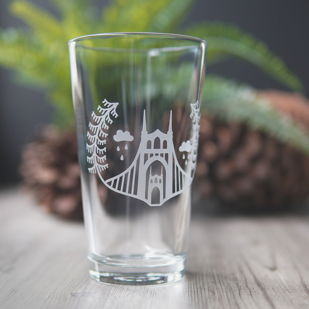 Portland Bridges Pint Glass - etched glassware