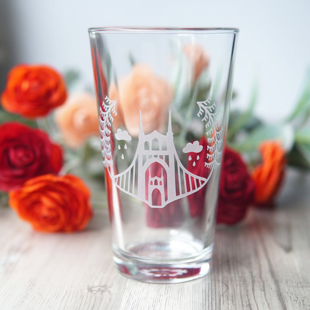 Portland Bridges Pint Glass - etched glassware