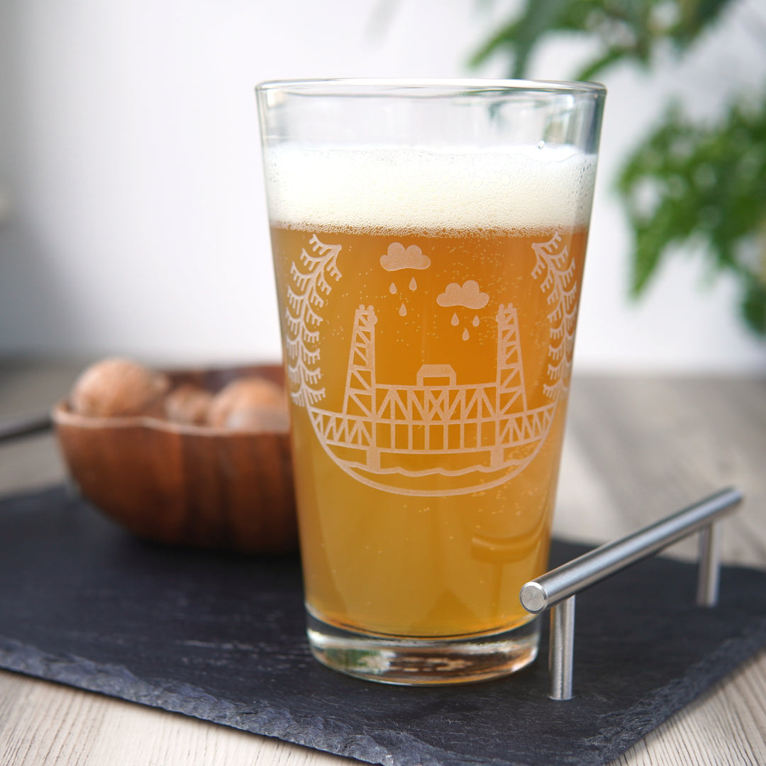 Portland Bridges Pint Glass - etched glassware