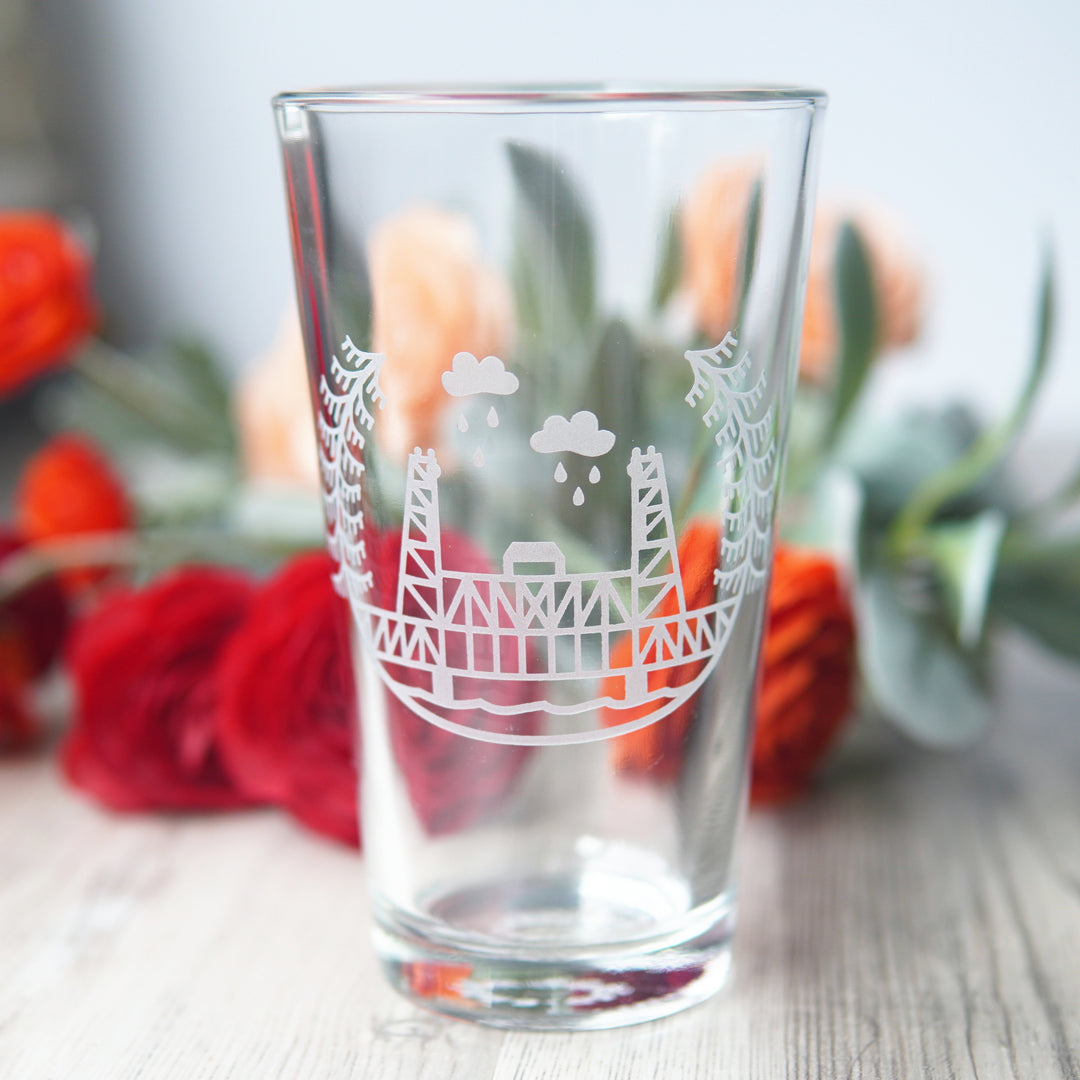 Portland Bridges Pint Glass - etched glassware