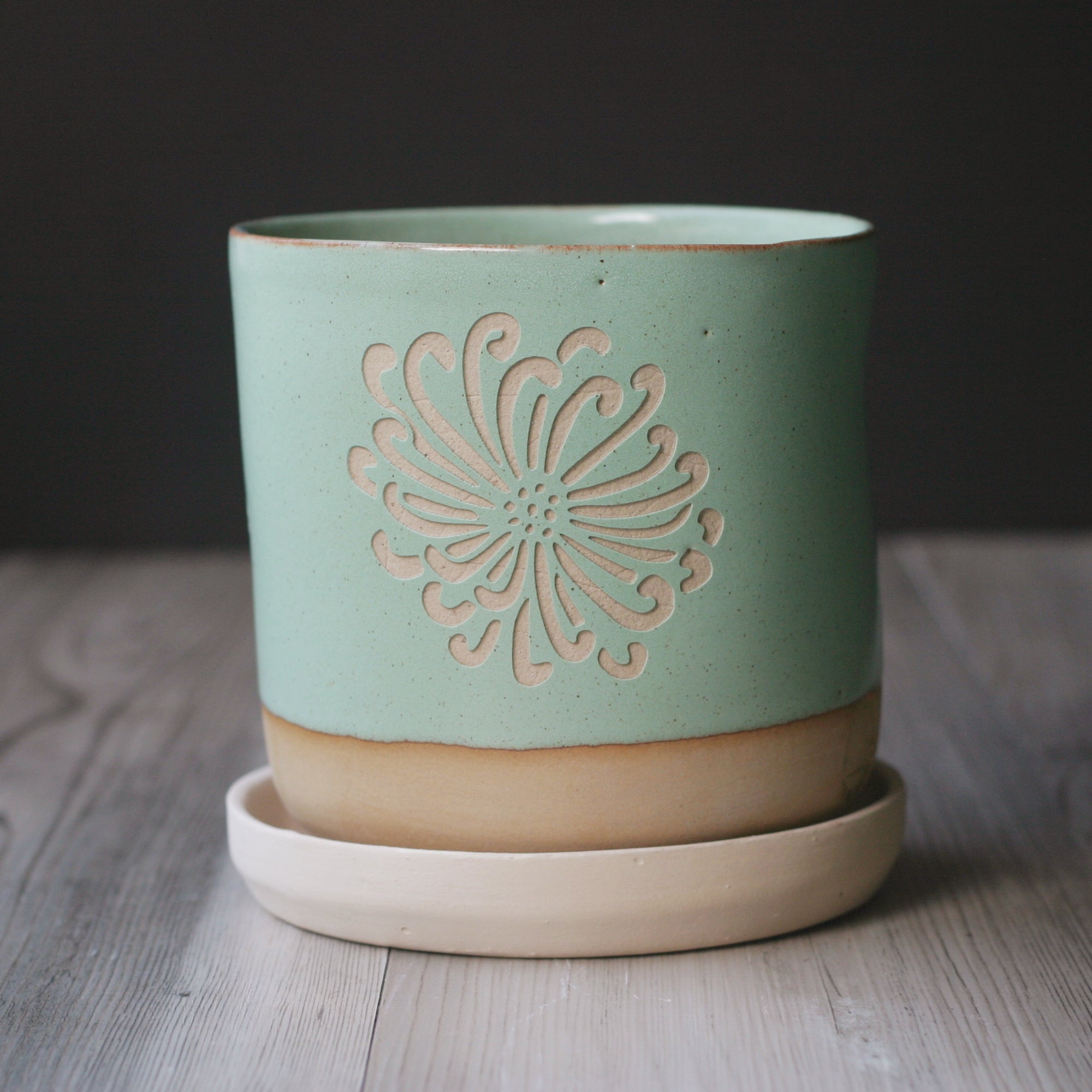 chrysanthemum flower planter in pistachio green