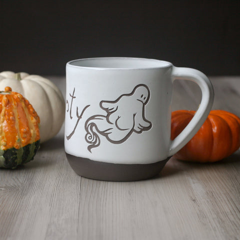 Booty Ghost Mug in White/Chocolate Brown clay Farmhouse style