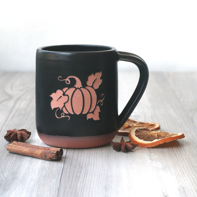 Halloween Farmhouse Mug with Pumpkin in black on red clay