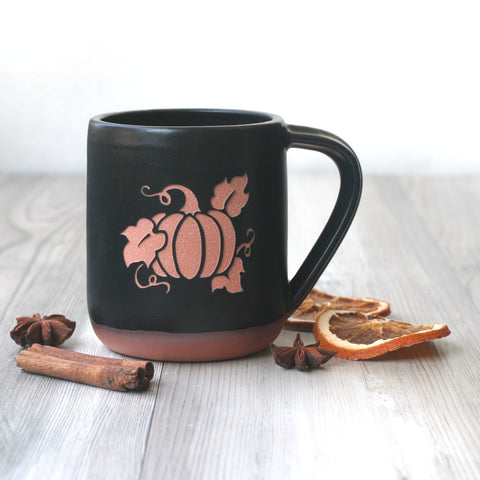 Halloween Farmhouse Mug with Pumpkin in black on red clay