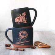 Halloween Farmhouse Mugs with Pumpkin and Witch Cat engravings