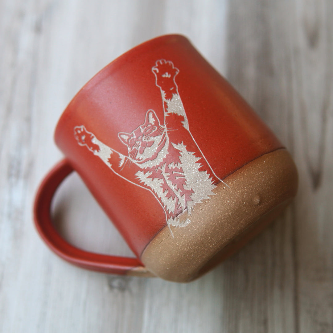 Stretching Cat Mug, Farmhouse Style Handmade Pottery