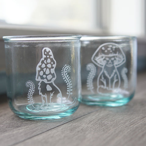 Cat Mushrooms recycled glass tumblers - Short, Set of 2 Single-Sided