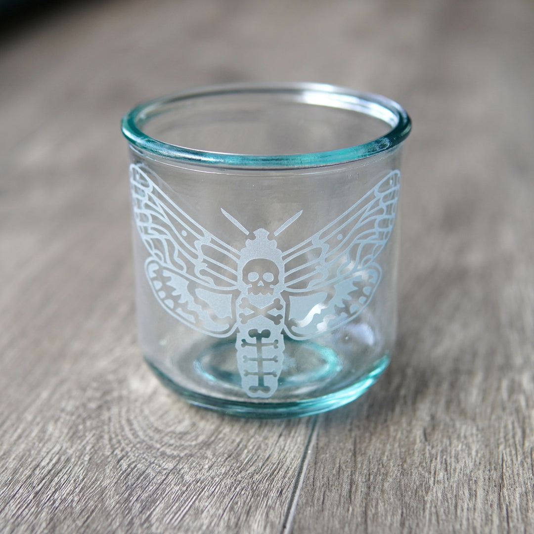 deaths head hawkmoth etched onto a short glass