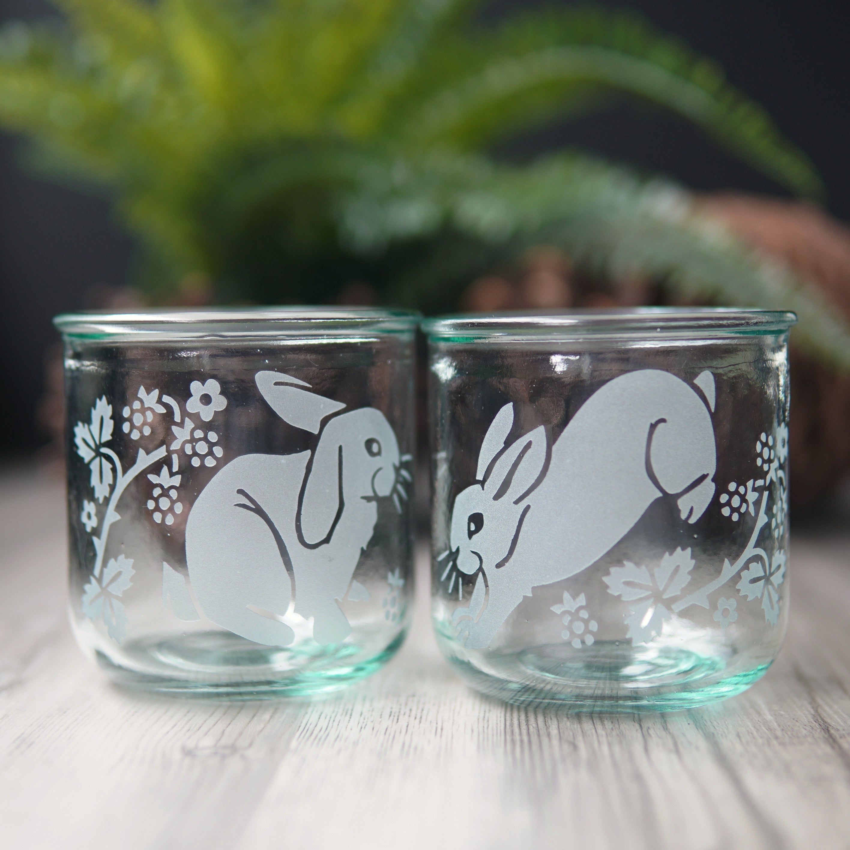 cute rabbits and blackberry branches engraved onto a pair of short glasses