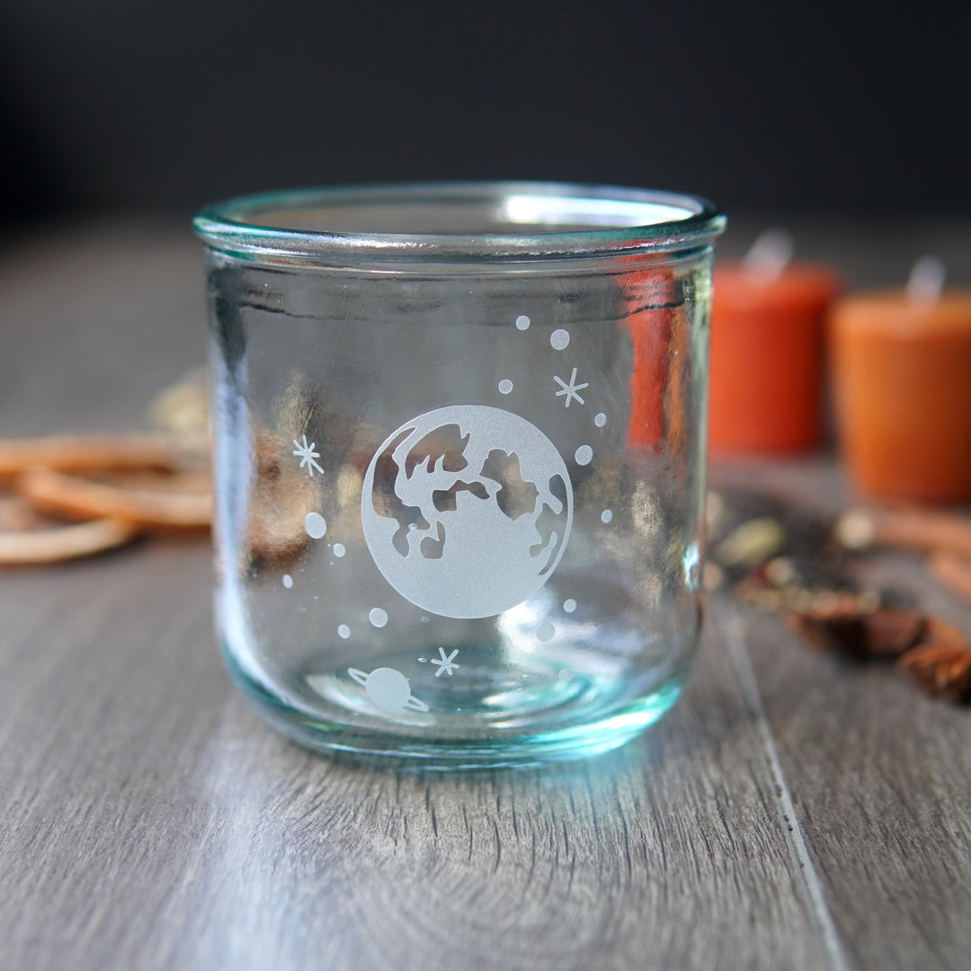 Full Moon + Stars rustic recycled glass tumbler in short lowball size