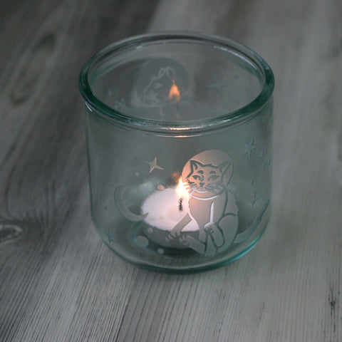 Space Cat Short Tumbler made from recycled glass, with tealight