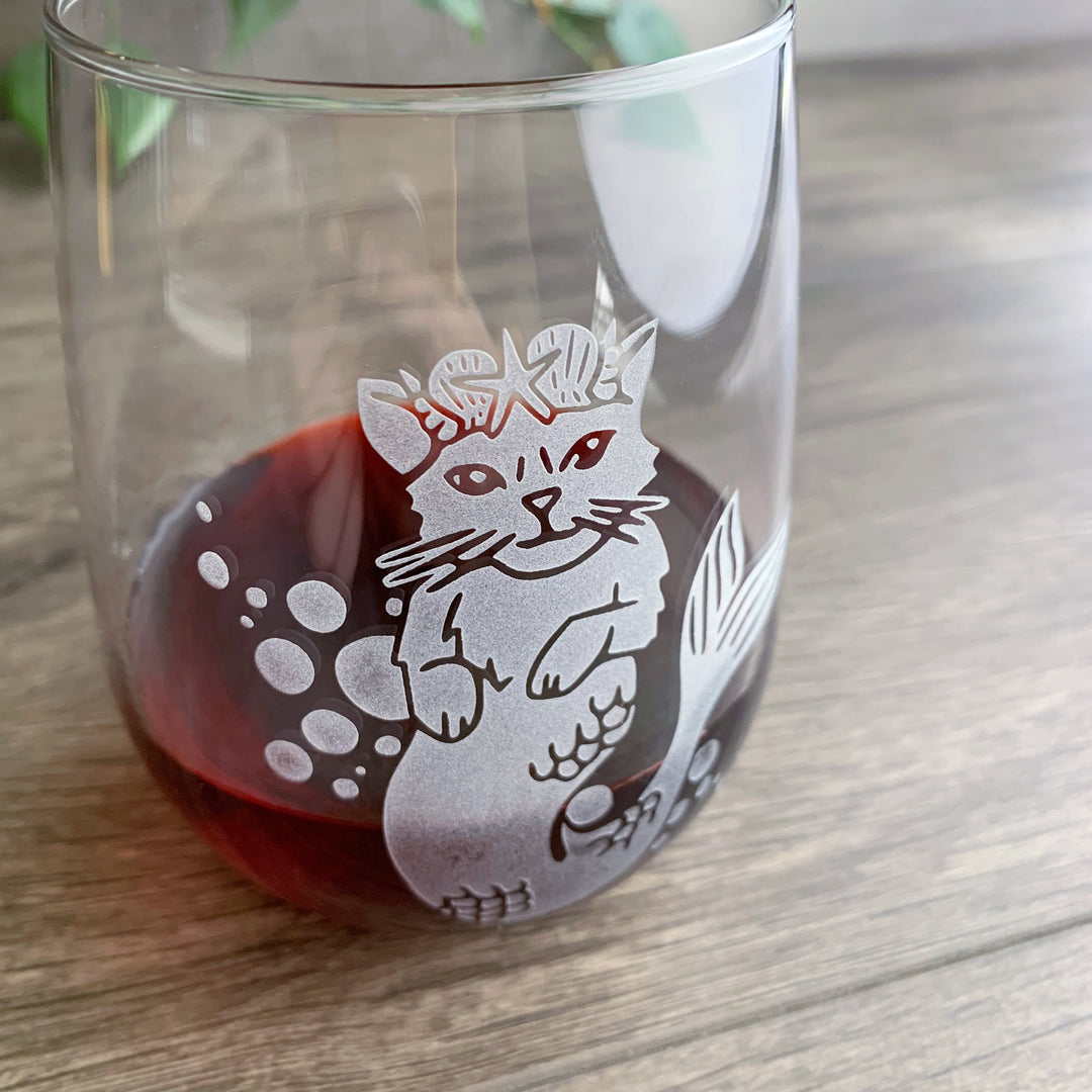 Mermaid Cat Stemless Wine Glass - etched glassware