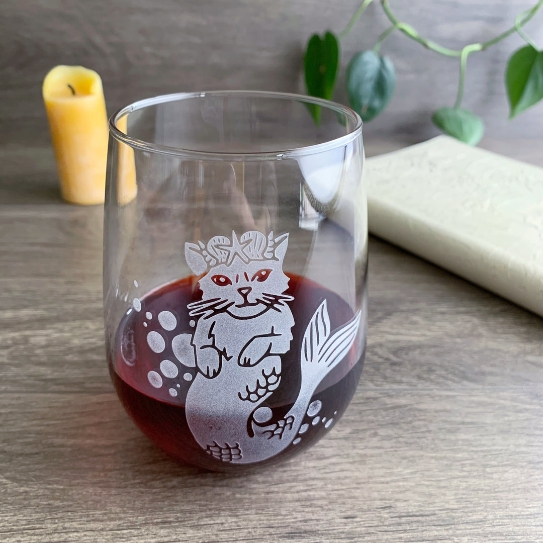 Mermaid Cat Stemless Wine Glass - etched glassware