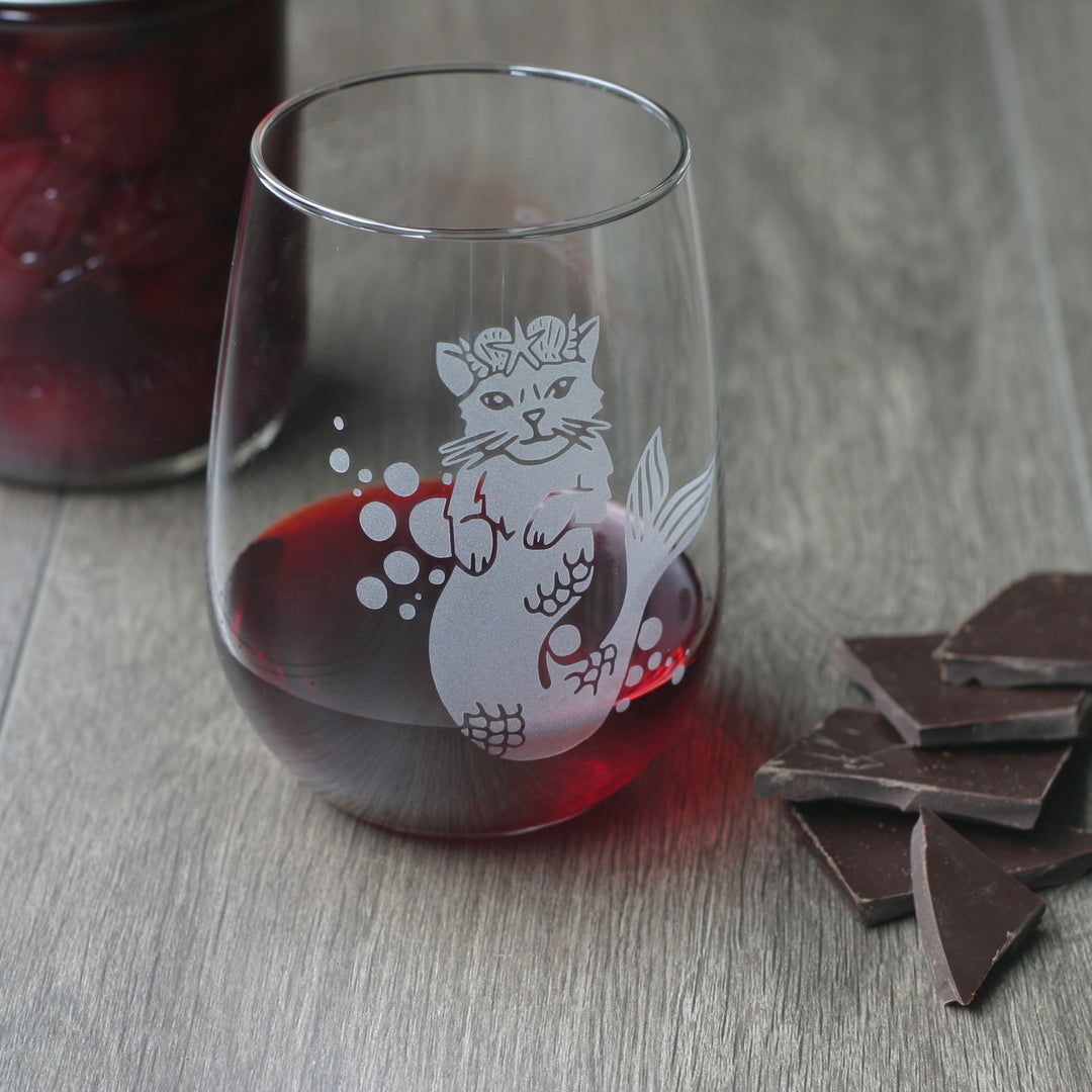 Mermaid Cat Stemless Wine Glass - etched glassware
