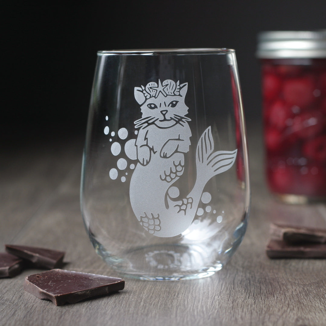 Mermaid Cat Stemless Wine Glass - etched glassware