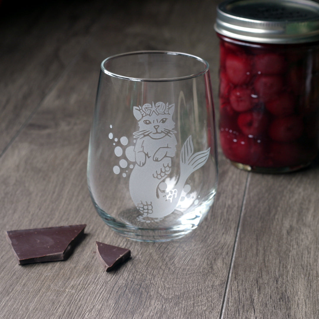 Mermaid Cat Stemless Wine Glass - etched glassware
