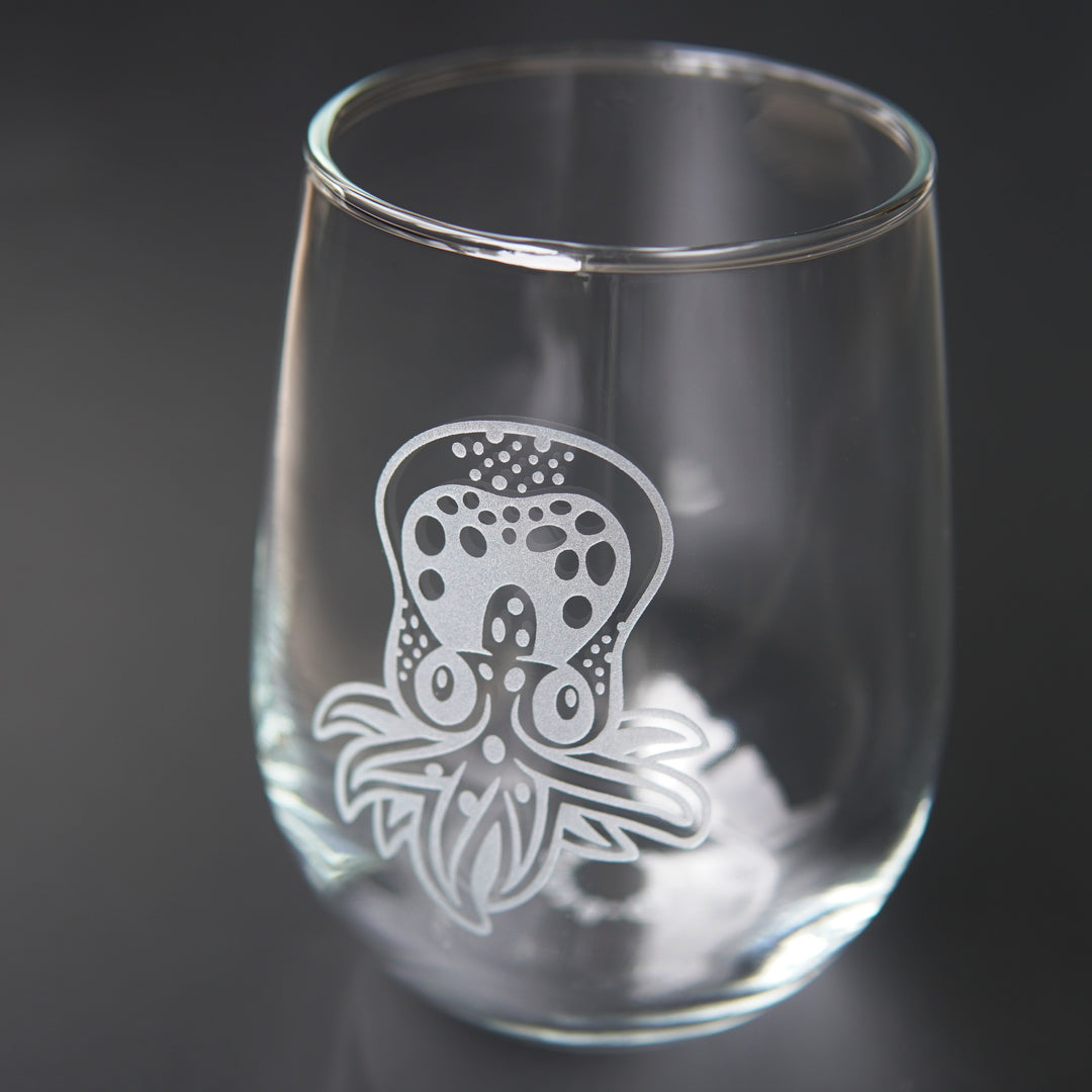 Baby Octopus Stemless Wine Glass - etched glassware