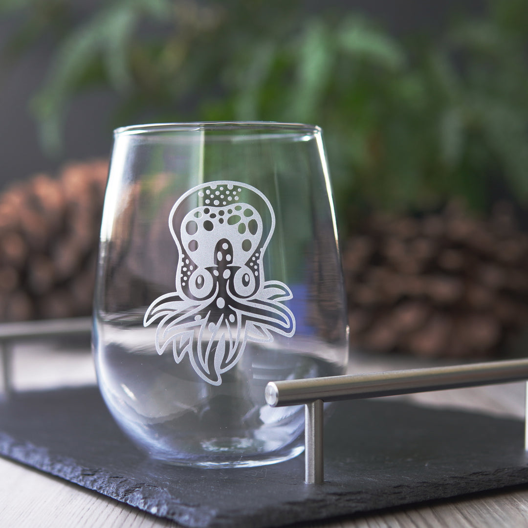 Baby Octopus Stemless Wine Glass - etched glassware