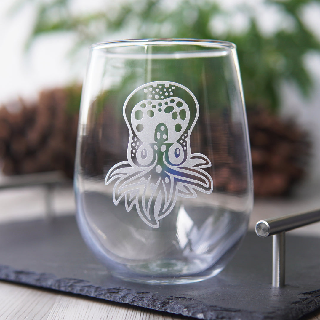 Baby Octopus Stemless Wine Glass - etched glassware