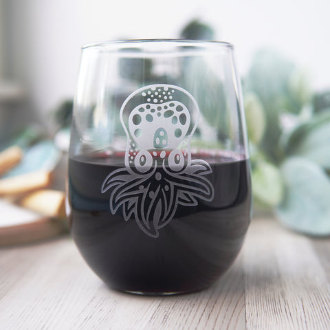 Baby Octopus Stemless Wine Glass - etched glassware
