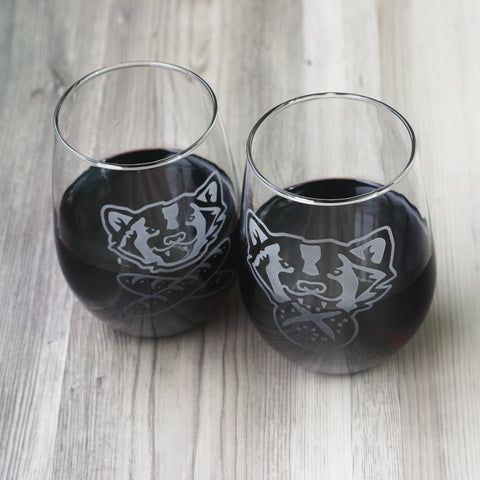 Bread and Badger etched stemless wine glasses