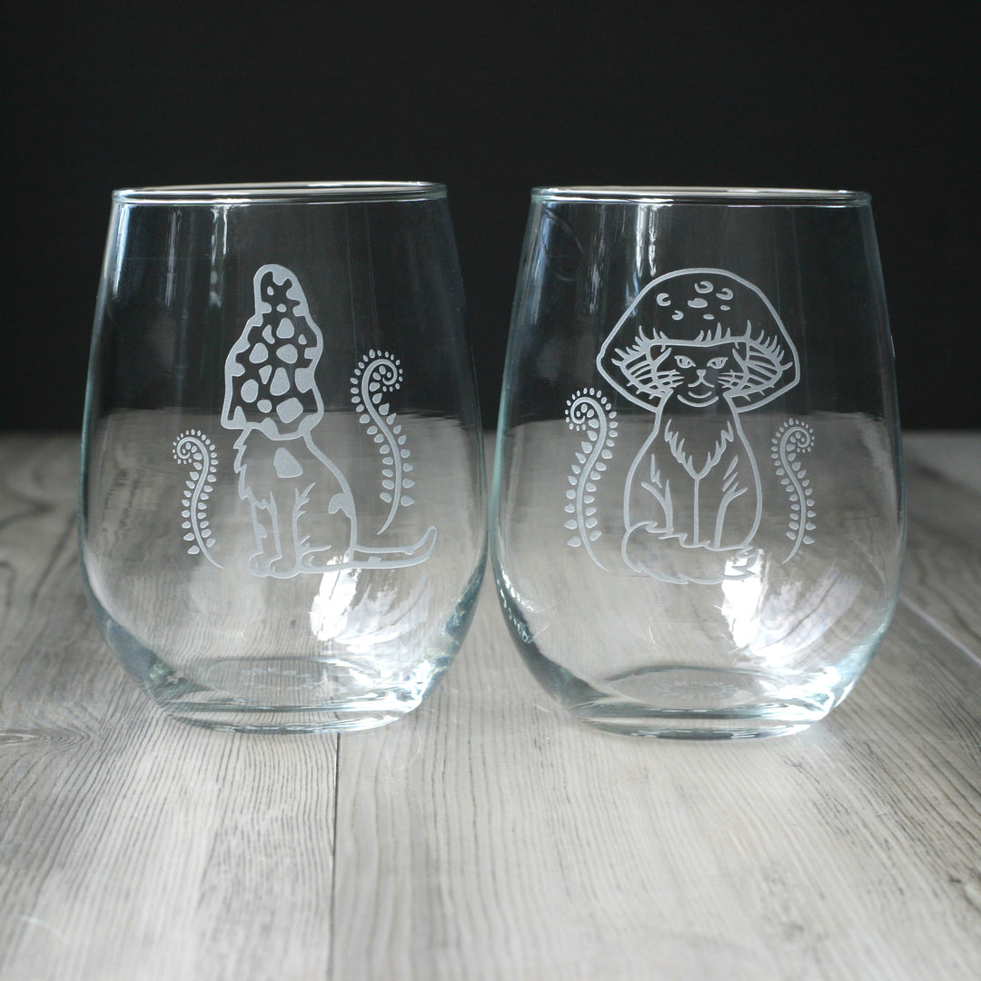 Cat Mushrooms Wine Glass