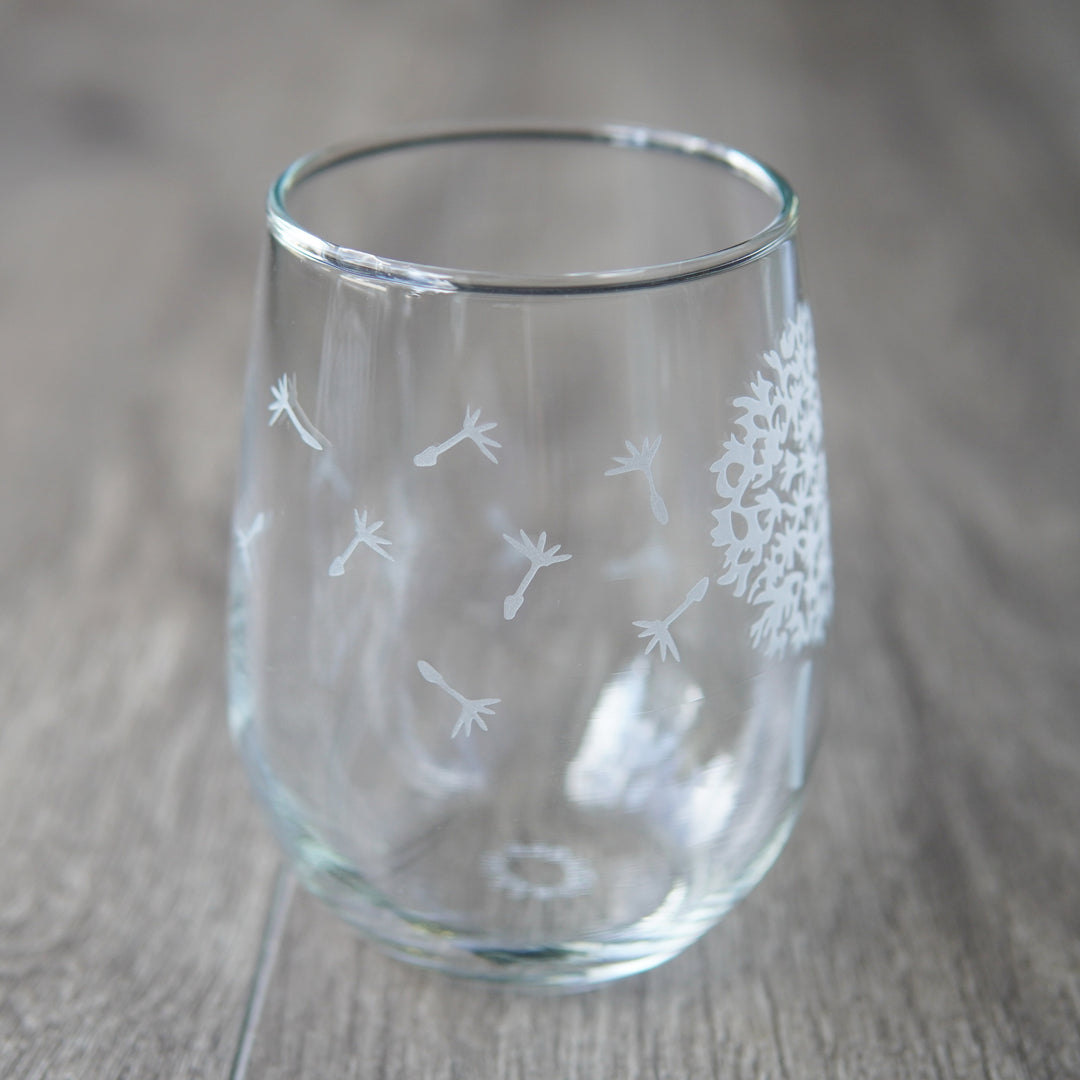 Dandelion Stemless Wine Glass - etched flower glassware