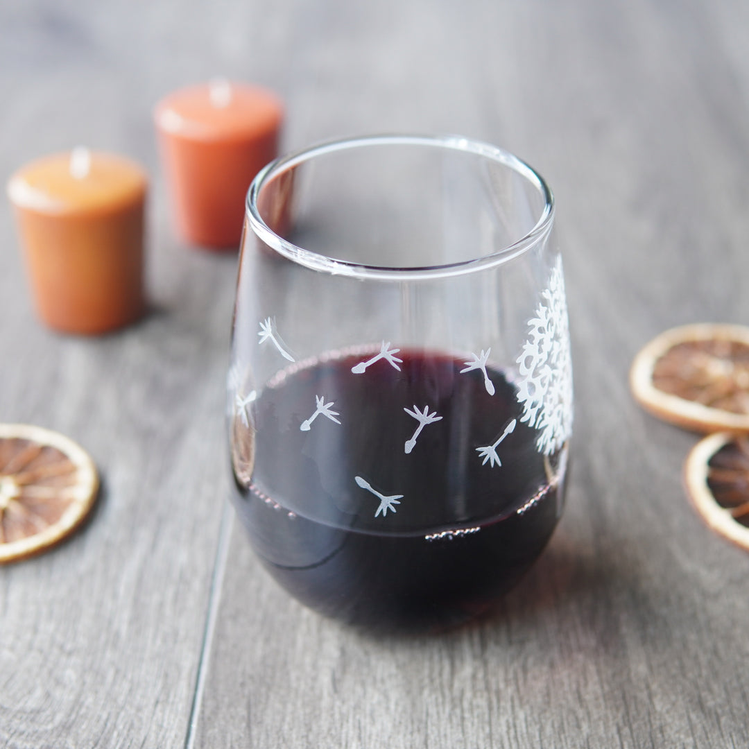 Dandelion Stemless Wine Glass - etched flower glassware