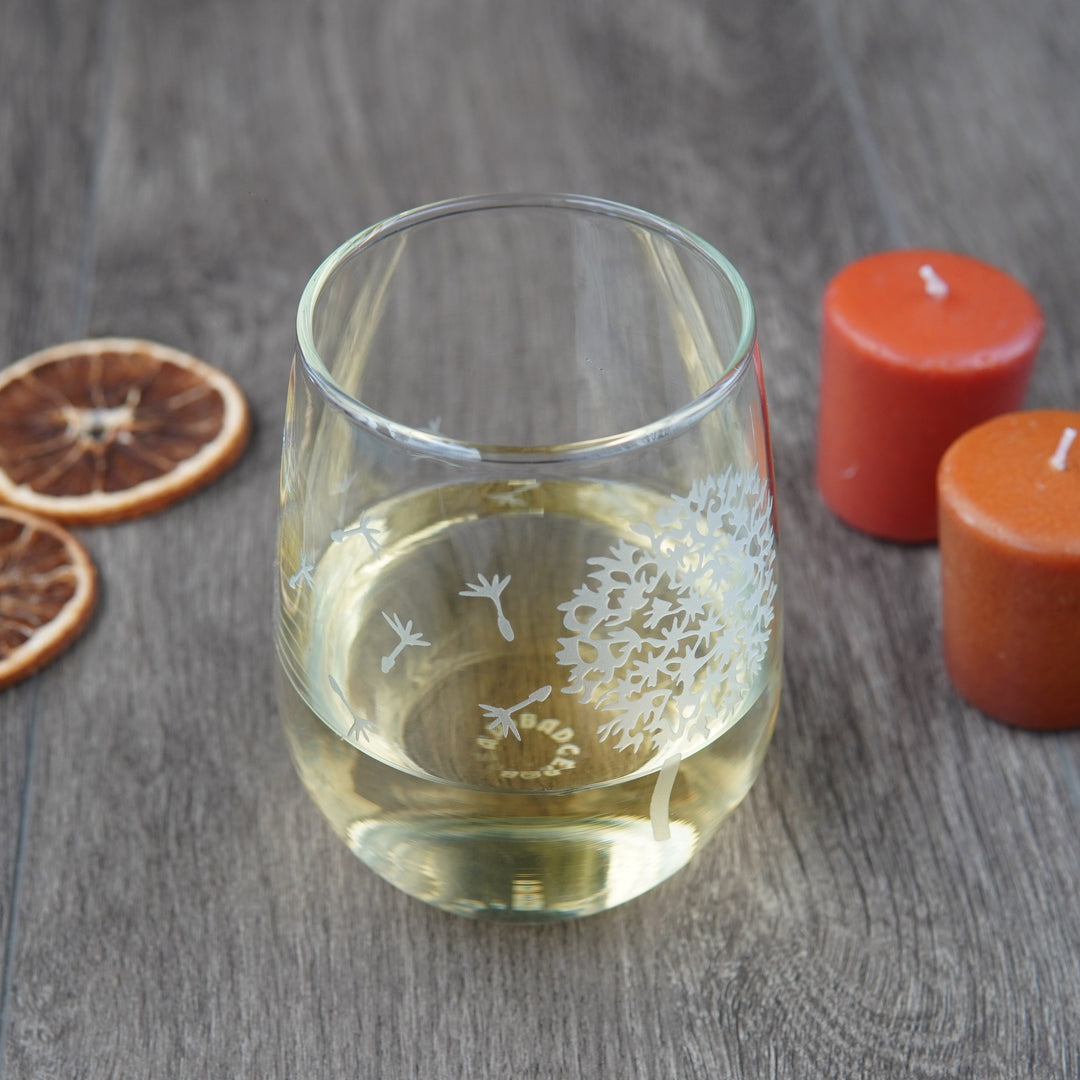 Dandelion Stemless Wine Glass - etched flower glassware