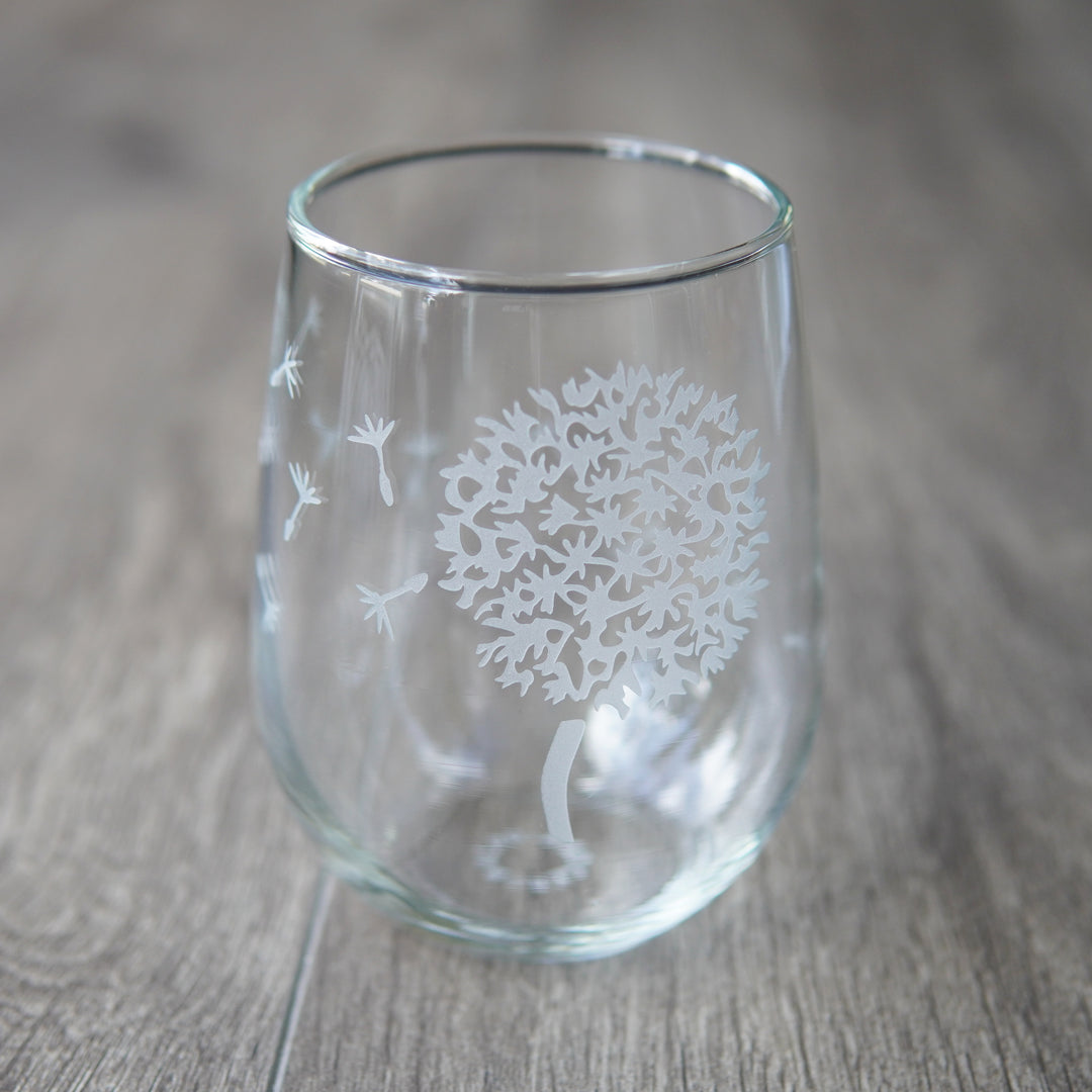 Dandelion Stemless Wine Glass - etched flower glassware