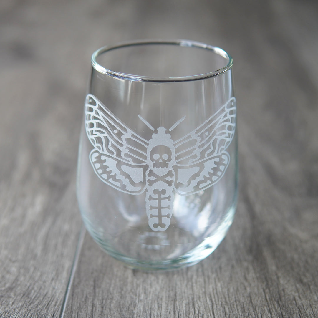 Deaths Head Moth Stemless Wine Glass